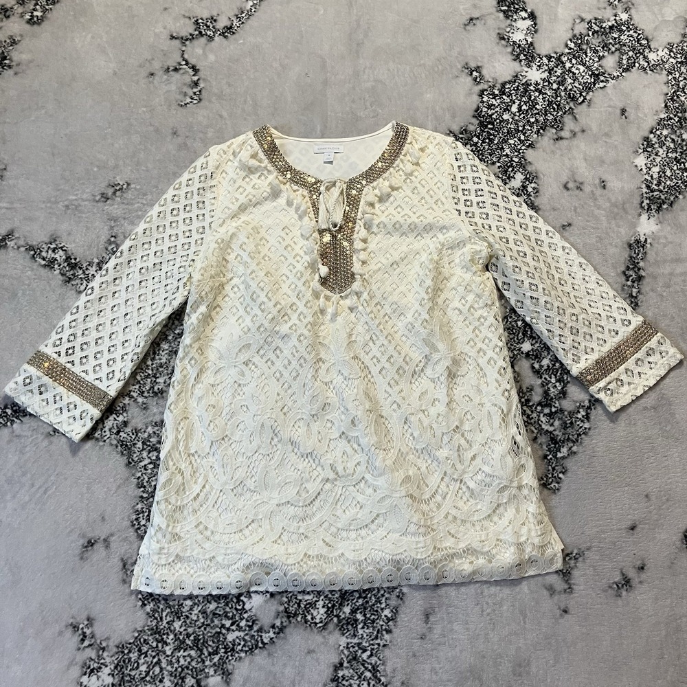 Charter Club Top Womens Sz M White Eyelet Lace Embroidered Sequin Tassel